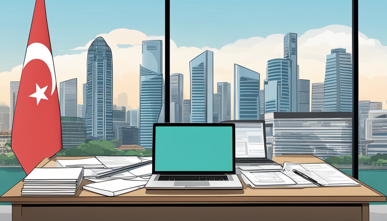 A desk with a laptop, a stack of papers, and a pen. A Singapore flag and a city skyline in the background