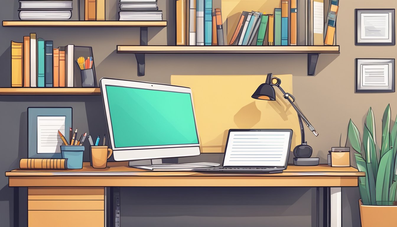 A desk with a laptop, pen, and paper. A bookshelf with career-related books. A framed certificate on the wall. Clean and organized workspace