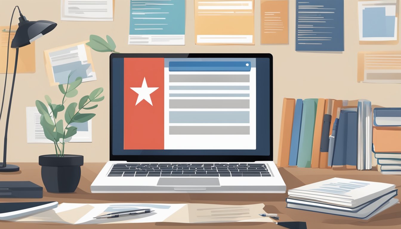 A laptop displaying a well-crafted resume with a Singaporean flag in the background, surrounded by career-related books and a pen