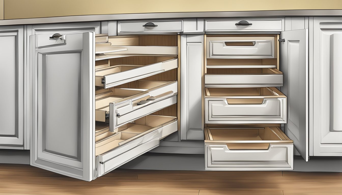 A kitchen cabinet with open drawers of varying sizes, labeled "Frequently Asked Questions" on each drawer front