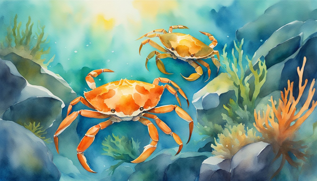 Alaska crabs scuttling across rocky ocean floor with kelp and coral.</p><p>Sunlight filtering through water, casting dappled shadows on the colorful sea life