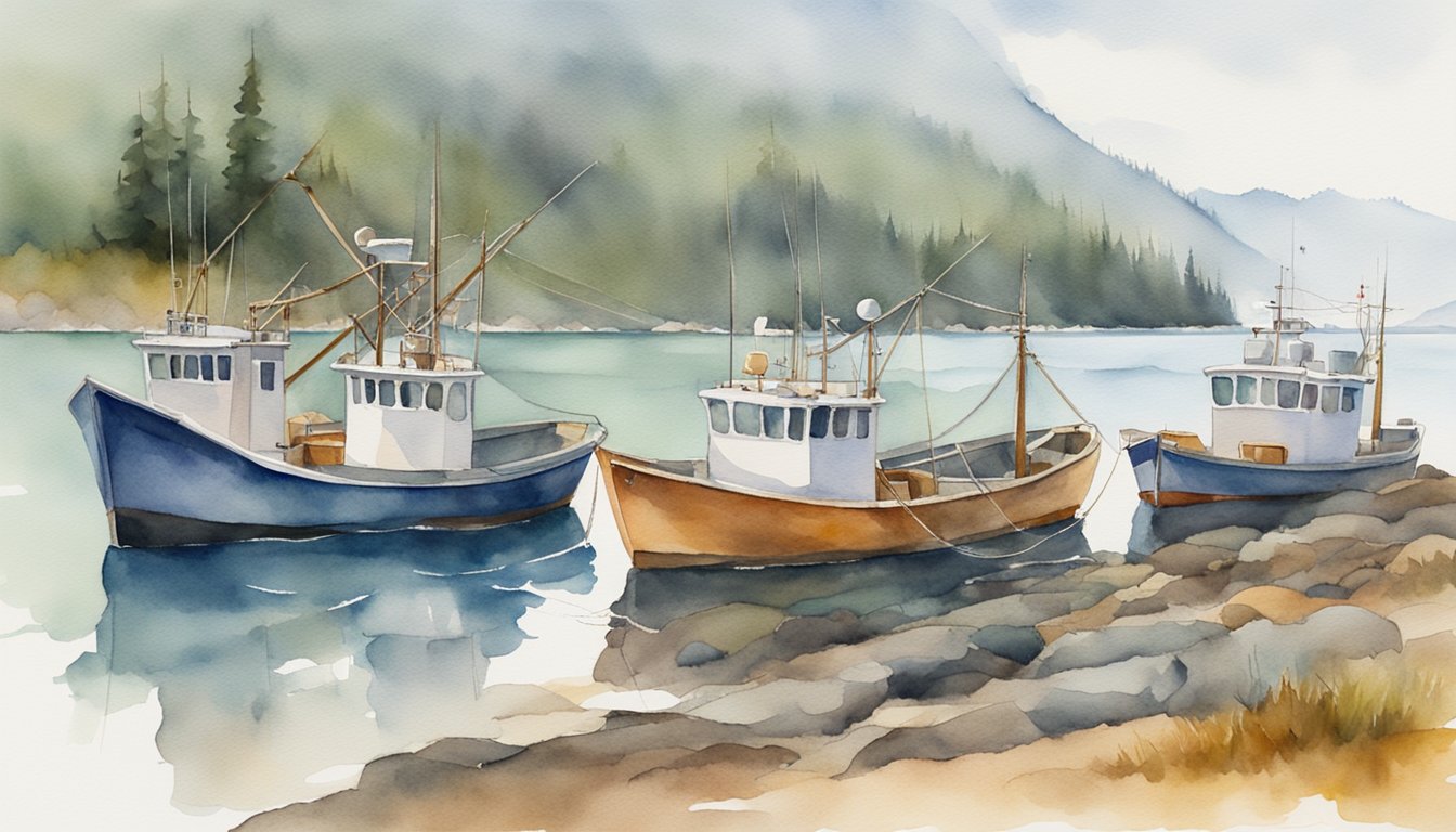 Alaska crab fishing boats at sea, with conservation markers and nets to protect marine life