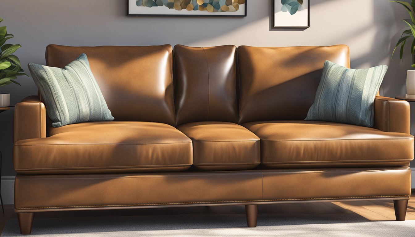 A leather couch loveseat sits in a sunlit room, with plush cushions and sleek lines