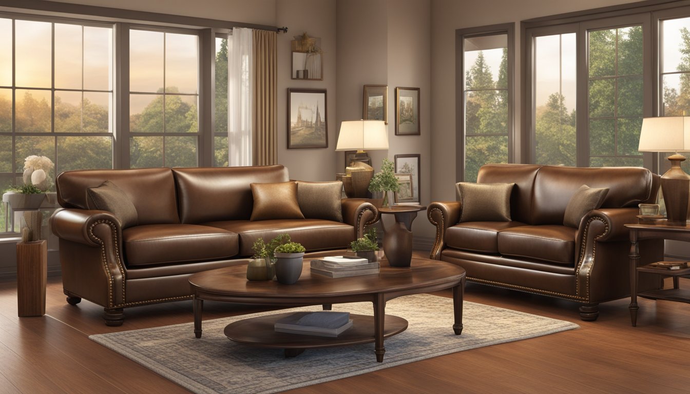 A leather loveseat sits in a cozy living room, surrounded by soft pillows and warm lighting. The rich, supple leather invites you to sink in and relax