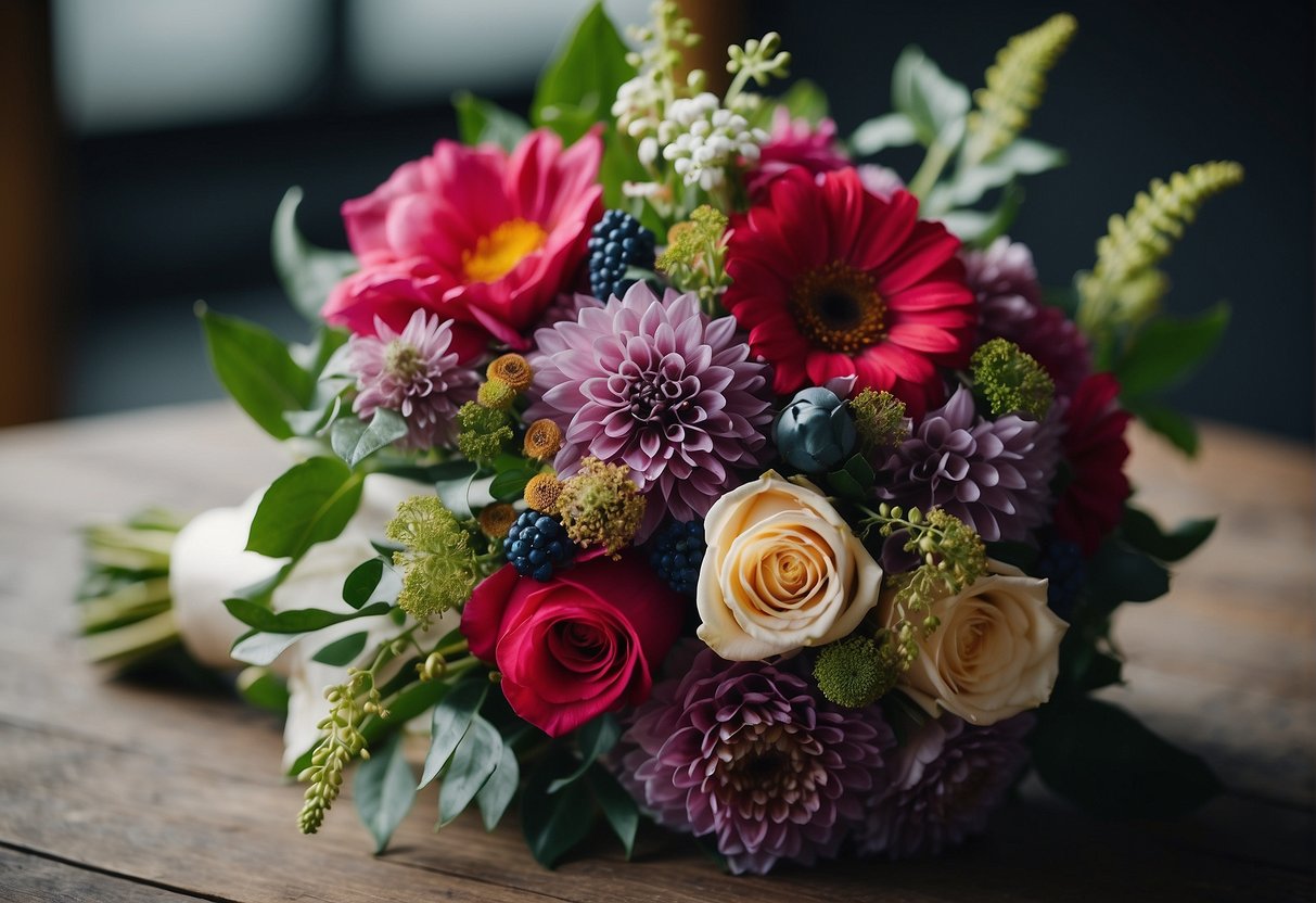 A vibrant wedding bouquet with rich jewel tone flowers and foliage in a luscious color palette