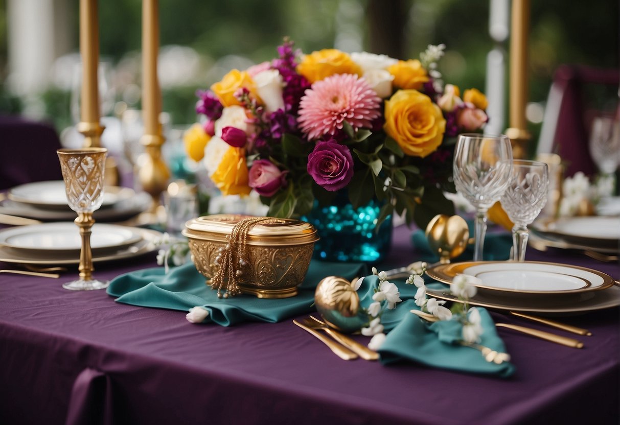 A table with a variety of jewel-toned fabrics and flowers arranged in a color palette for weddings