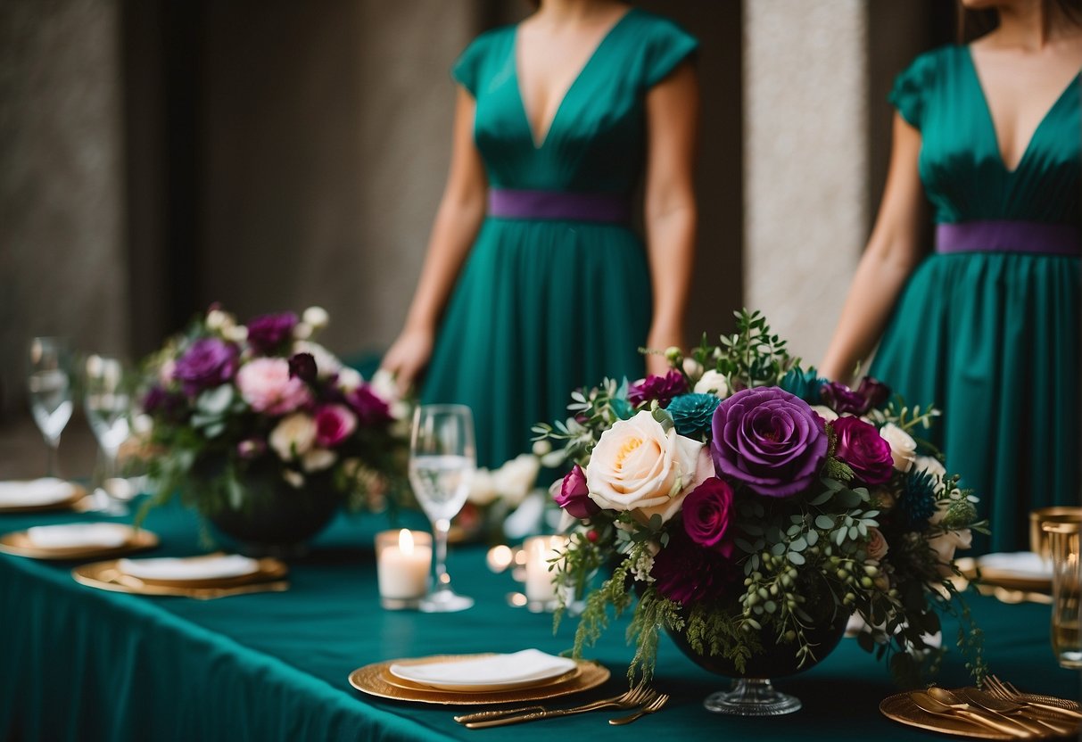 A bride's gown in emerald green, with sapphire bridesmaid dresses. Ruby and amethyst accents in the floral arrangements and table decor