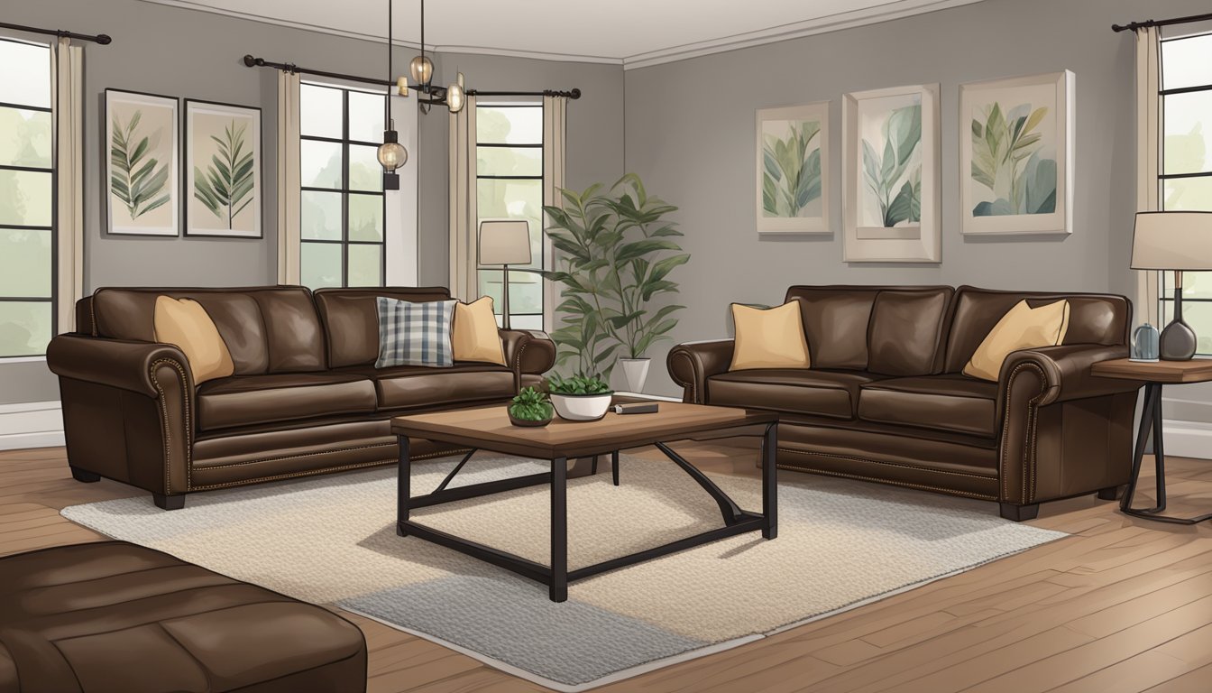 A leather couch and loveseat are arranged in a cozy living room, with soft pillows and warm blankets for comfort. The practical layout allows for easy conversation and relaxation