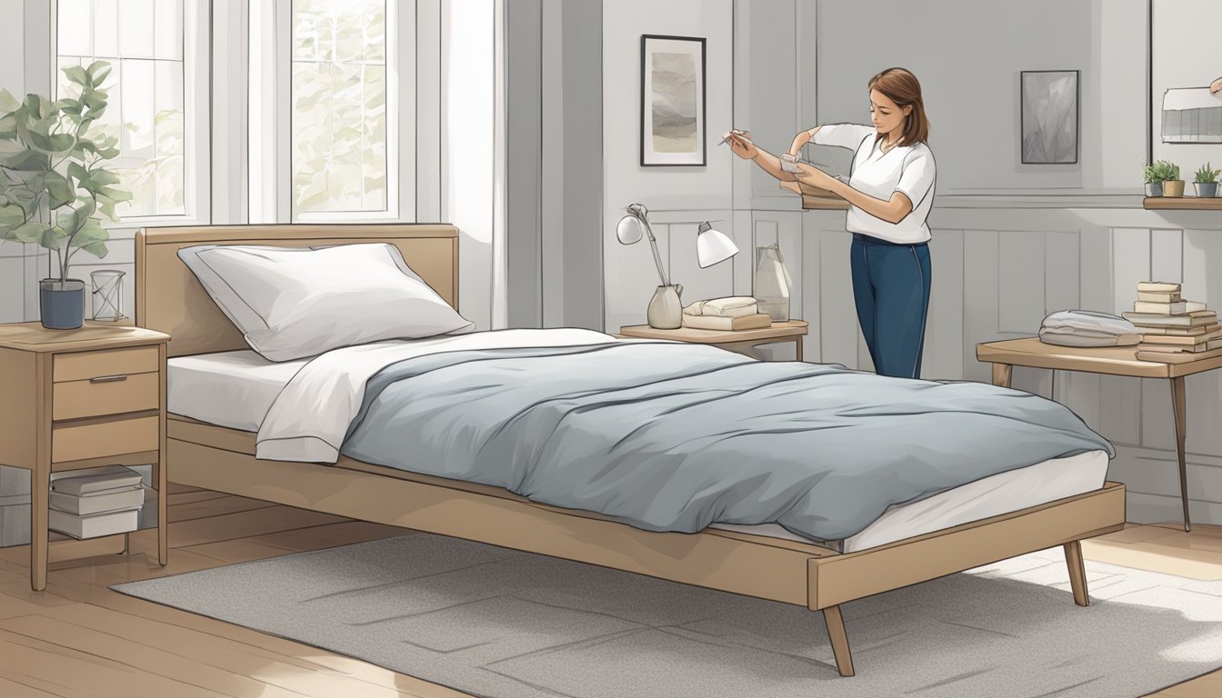 A person carefully measures a standard single bed (90x190 cm) and selects matching bedding