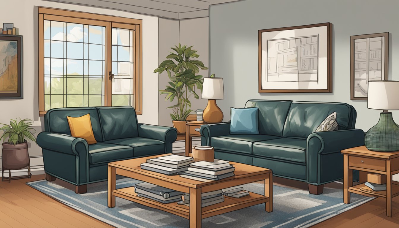 A leather couch and loveseat sit in a well-lit room, with a stack of Frequently Asked Questions books placed neatly on the coffee table