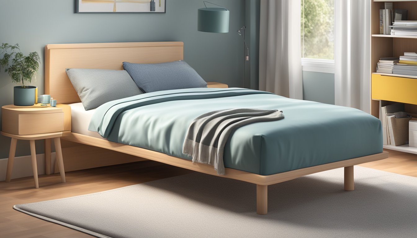 A standard single bed measuring 90 cm wide and 190 cm long, with a simple design and clean lines, sits in a tidy bedroom