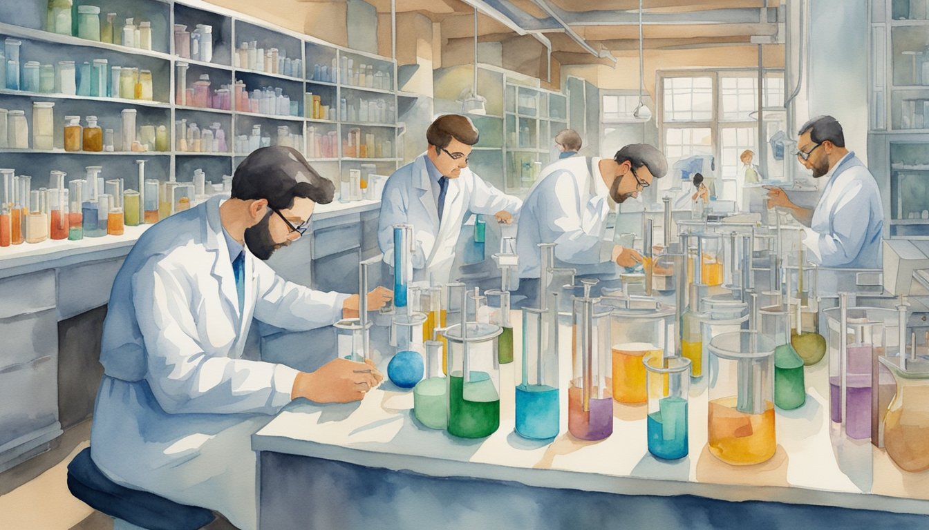 Scientists in a lab, surrounded by test tubes and equipment, working diligently to discover a treatment for diabetes before the era of insulin