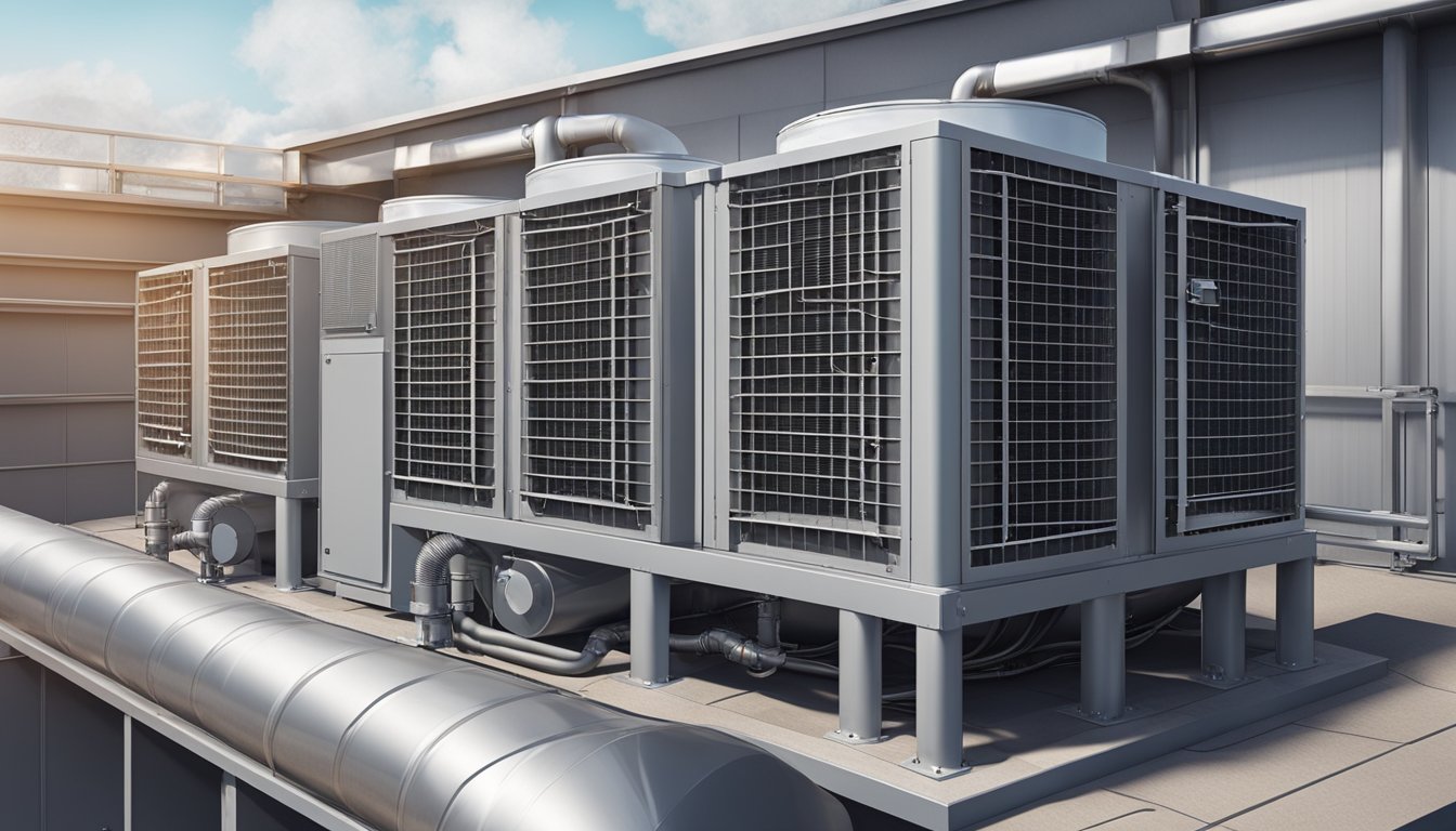 An industrial air conditioning unit sits on a rooftop, surrounded by vents and ducts. Its large metal frame and industrial design convey durability and strength