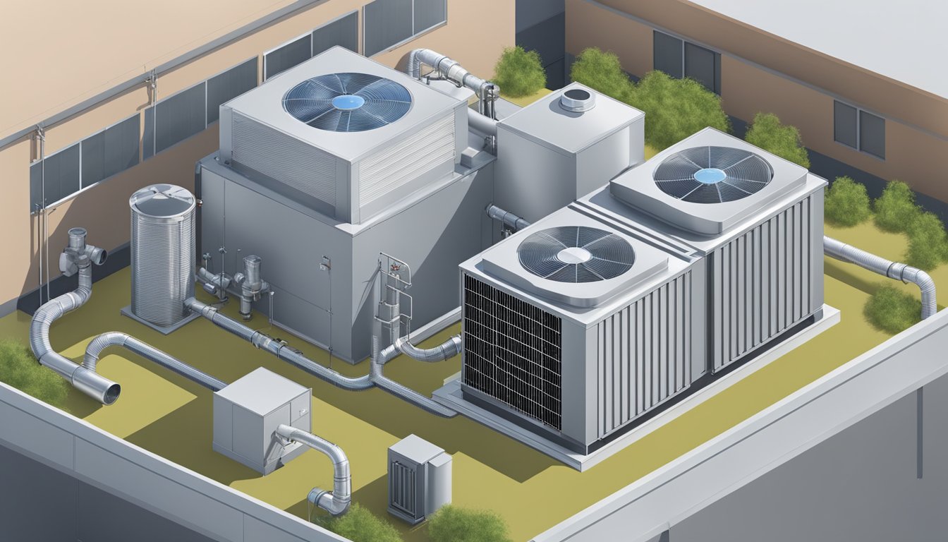 An industrial air conditioning unit sits on a rooftop, surrounded by ductwork and piping. The unit is large and sturdy, with vents and fans visible on the exterior
