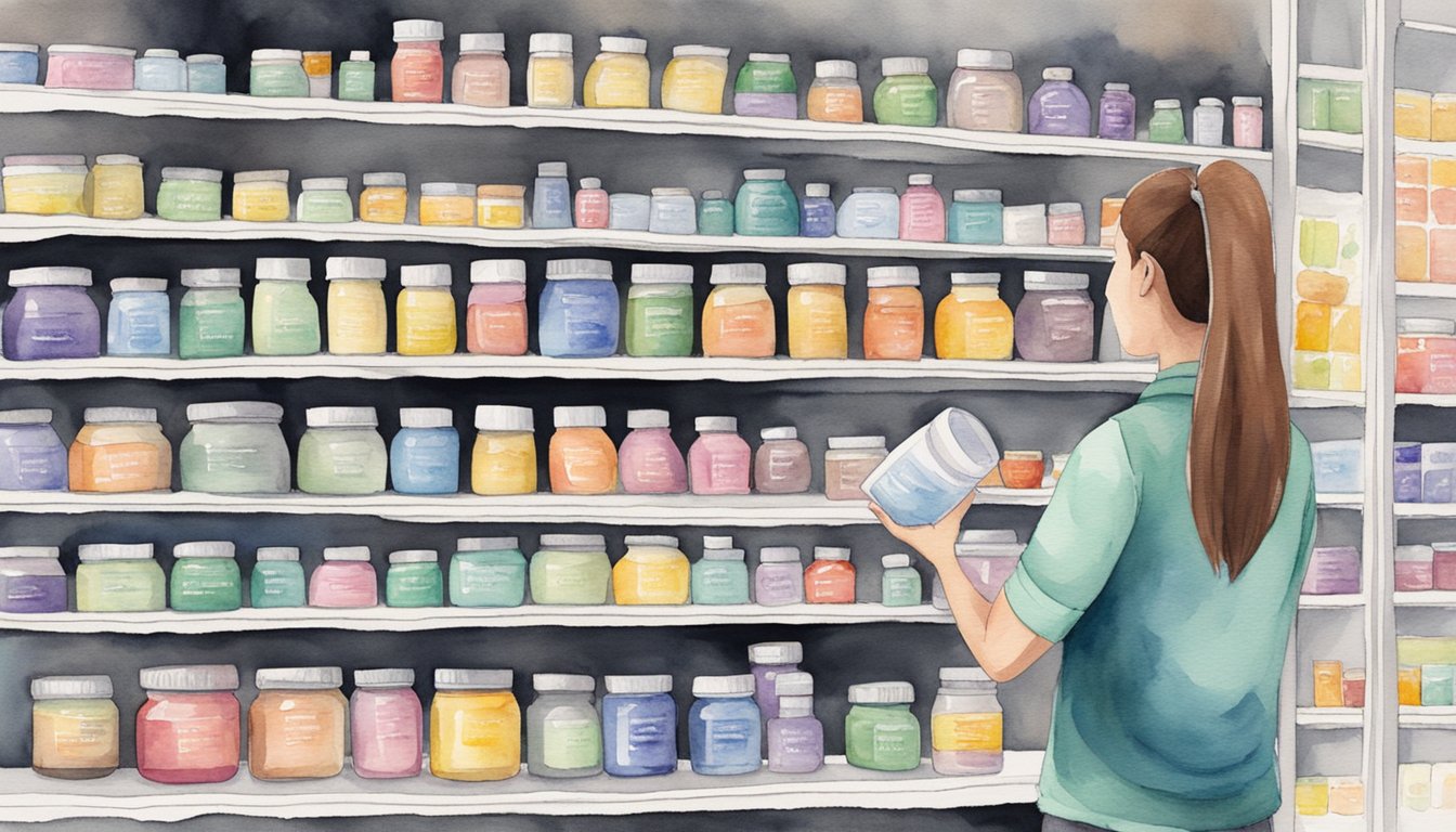 A person stands in front of shelves of pre-workout supplements, examining labels for weight loss benefits