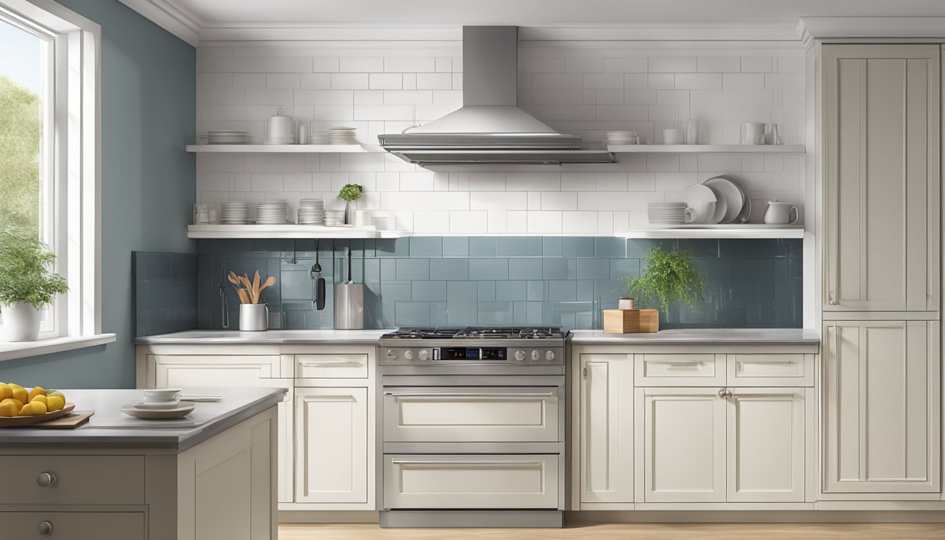 A kitchen scene with a telescopic hood and a slimline hood mounted above a stove. The telescopic hood is extended, while the slimline hood is sleek and compact