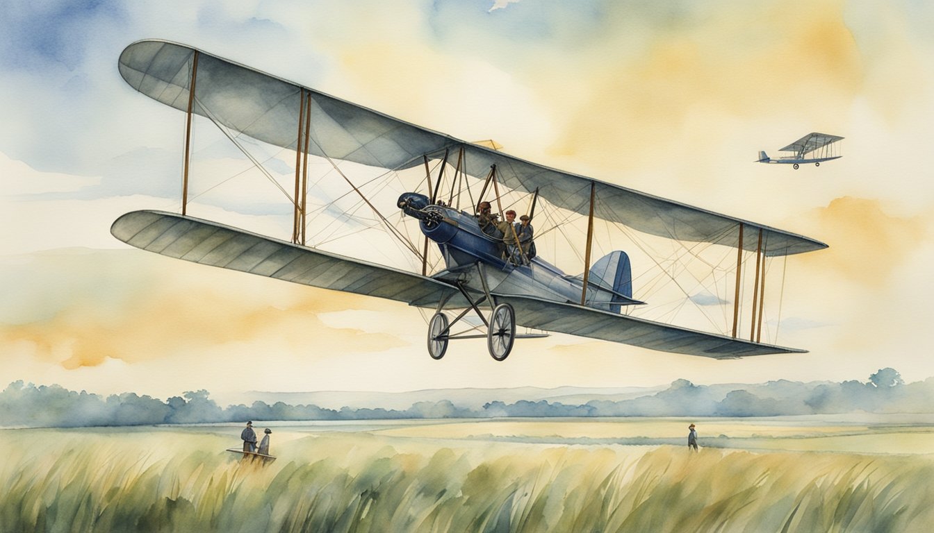 The Wright brothers' first flight, a biplane soaring above a grassy field, with onlookers cheering and marveling at the historic moment