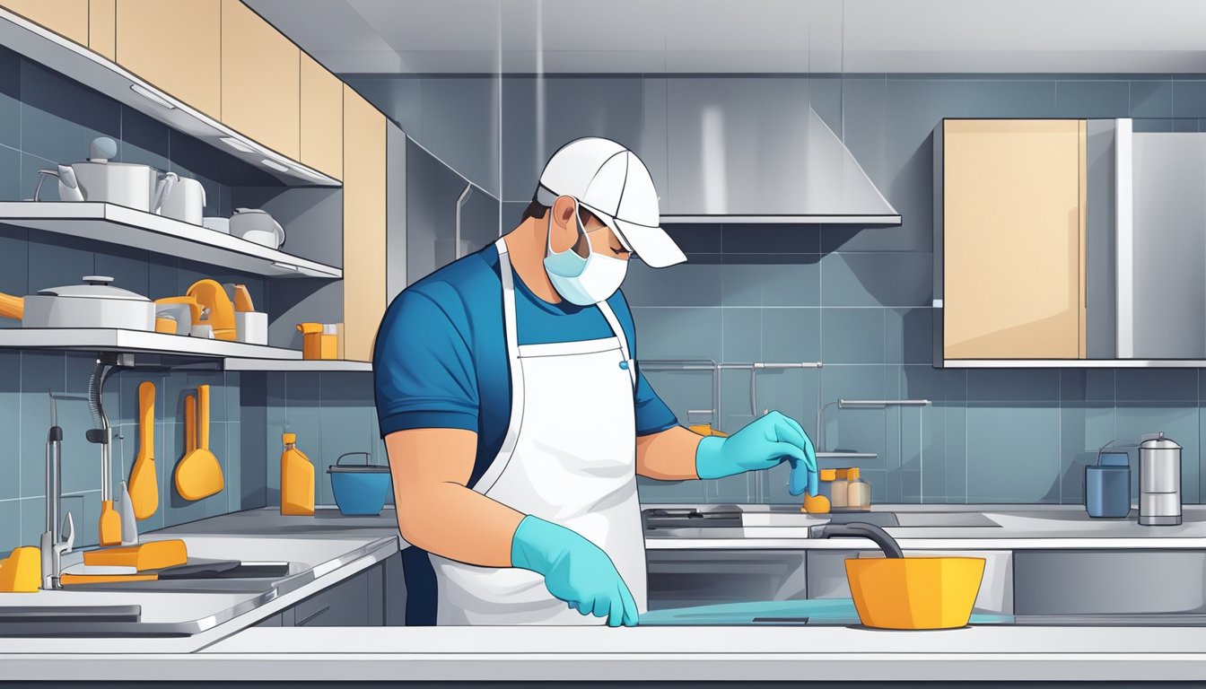 A technician cleans and inspects a telescopic hood and slimline hood in a modern kitchen. Tools and cleaning supplies are scattered on the counter