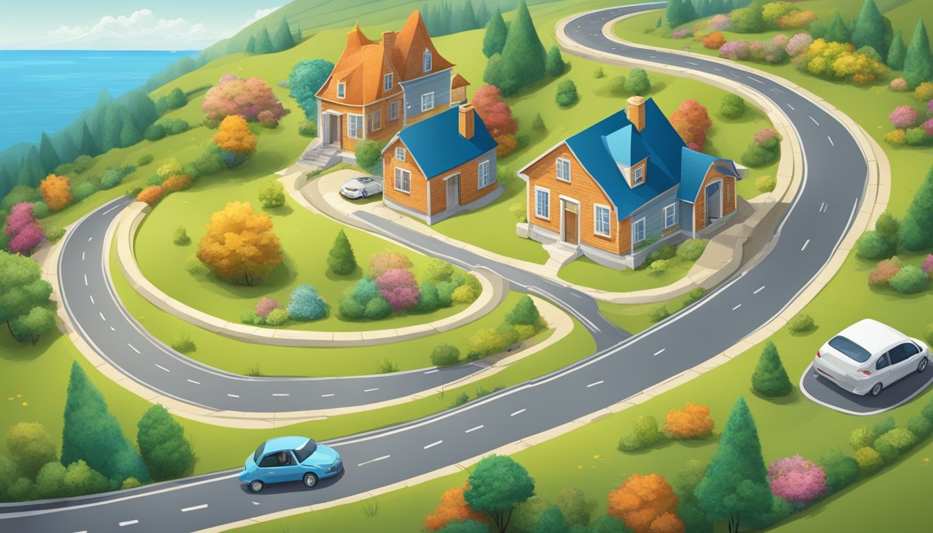 A winding road stretching across a vast landscape, scattered with various items representing expenses: a house, car, education, travel, and entertainment
