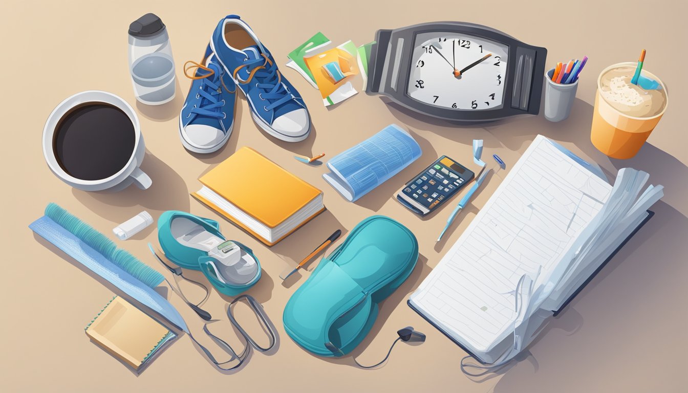 A clock ticking away with various daily essentials scattered around it, such as a toothbrush, a cup of coffee, a book, a computer, and a pair of running shoes
