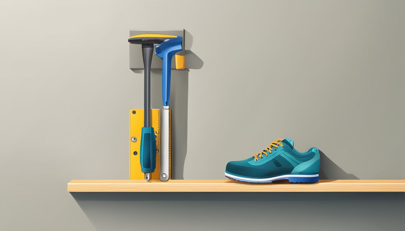 A shoe holder is being installed on a wall, with a screwdriver and level nearby for maintenance