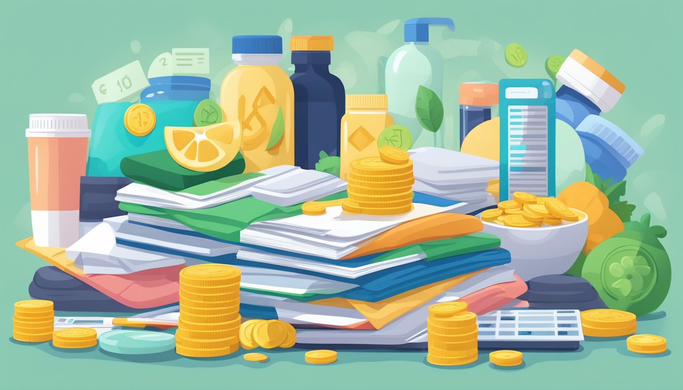 A stack of bills and coins surrounded by various health and wellbeing items such as gym memberships, healthy food, vitamins, and medical expenses