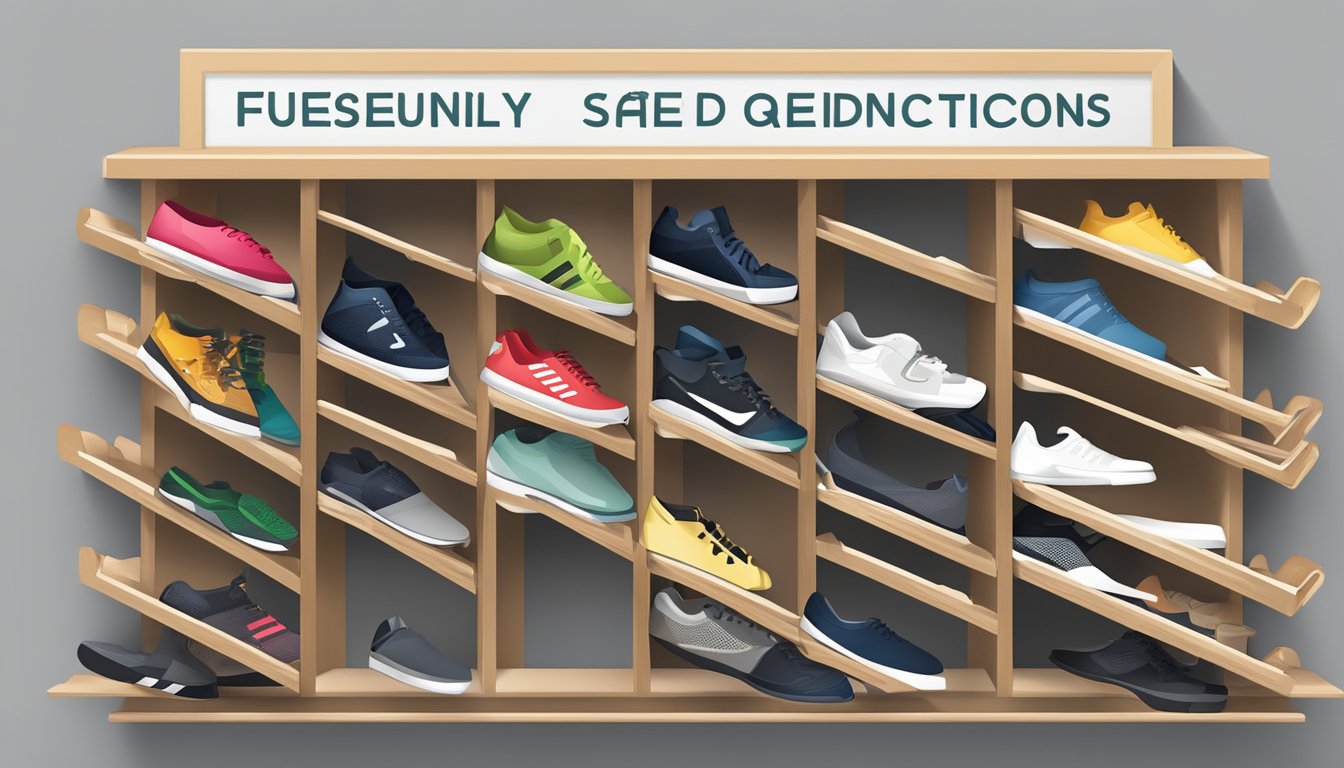 A shoe holder is mounted on the wall, with multiple compartments for organizing shoes. It is labeled "Frequently Asked Questions" for easy access