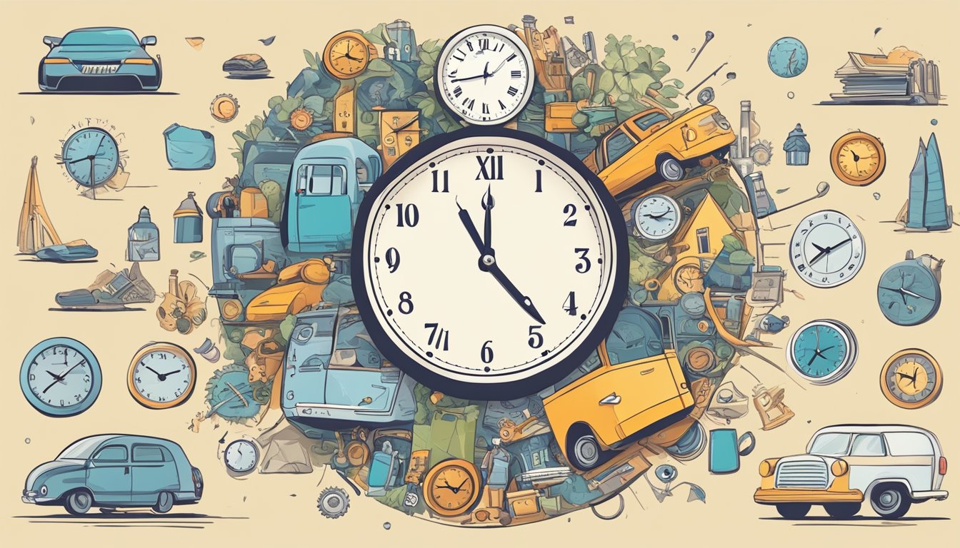 A clock face with the hands pointing to different stages of life, surrounded by various items representing different expenses such as a house, car, education, and travel