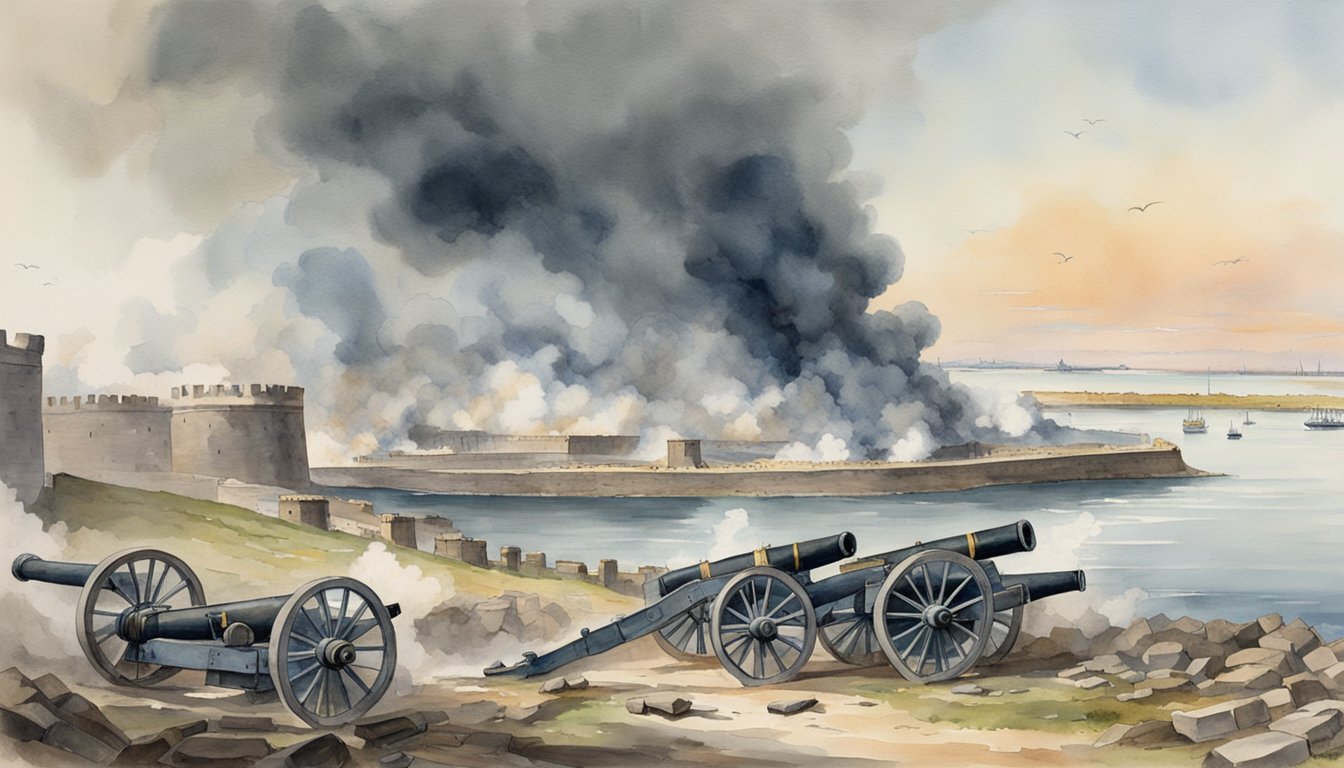 Cannon smoke billows over Fort Sumter as Union and Confederate forces clash, leaving the fort in ruins.</p><p>Debris litters the ground, and fires smolder in the aftermath