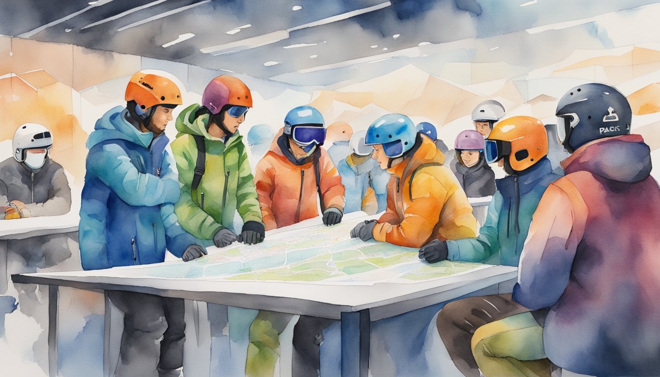 Snowboarders gather around a map, discussing routes and safety rules in the indoor snowboard park.</p><p>Signs remind visitors to wear helmets and follow park guidelines