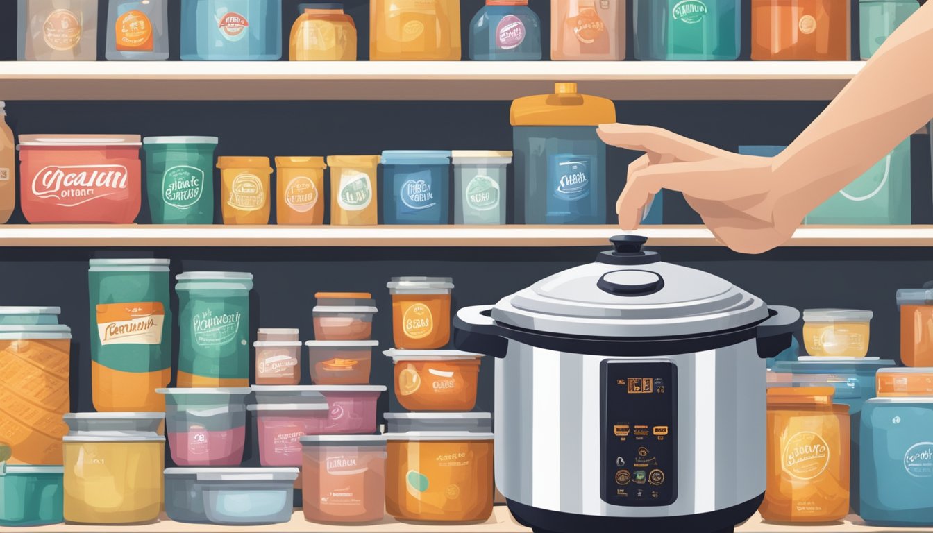 A hand reaches for a gleaming pressure cooker on a store shelf in Singapore, surrounded by various brands and prices