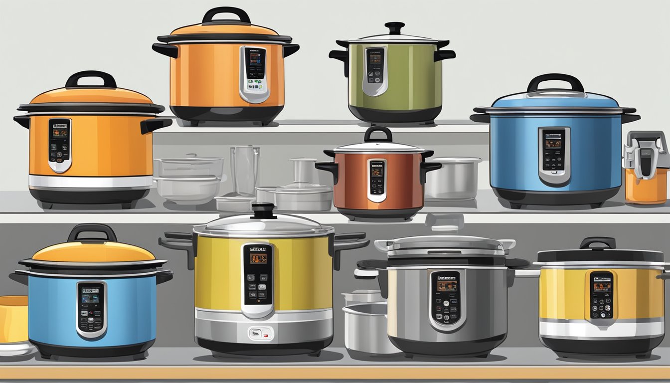 A display of various pressure cookers, with price tags, in a Singaporean kitchenware store