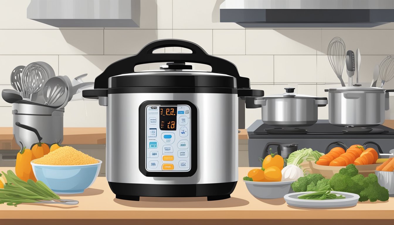 A modern pressure cooker sits on a clean, stainless steel countertop, surrounded by various cooking ingredients and utensils. The cooker's digital display and control panel are prominently featured, highlighting its advanced technology