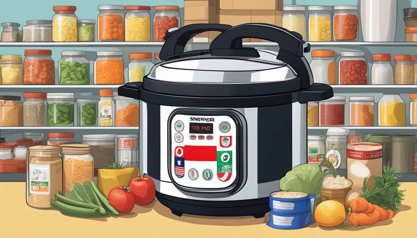 A pressure cooker surrounded by various price tags, with a Singaporean flag in the background