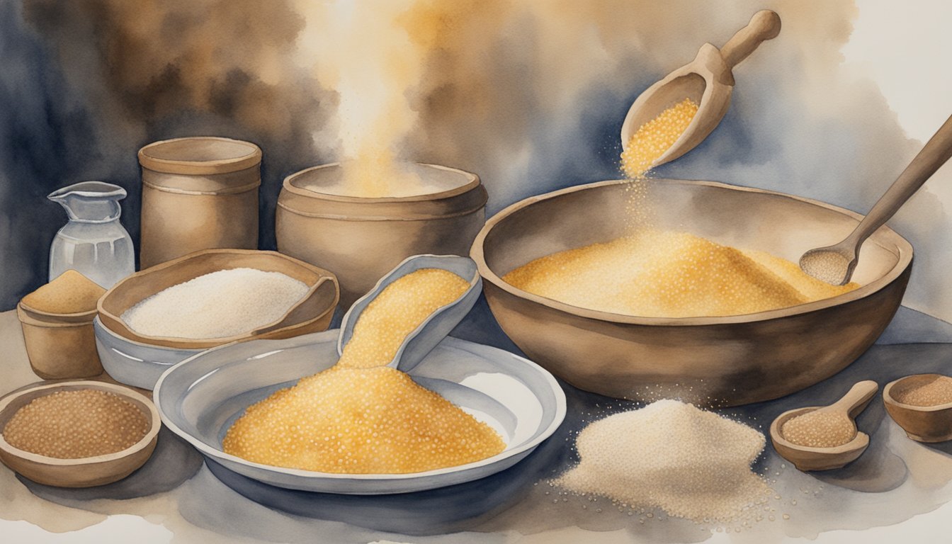 The scene depicts ancient grains being ground into flour, mixed with water, and baked over an open flame, showcasing the evolution of baking techniques and ingredients throughout history