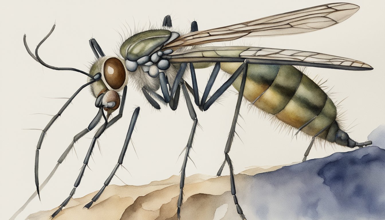 A mosquito pierces skin with its proboscis, while a leech attaches to a host, feeding on blood