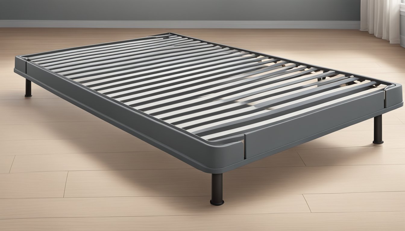 A slatted bed base sits on a metal frame, while a box spring rests on the floor. The slats are evenly spaced, while the box spring is a solid, rectangular shape