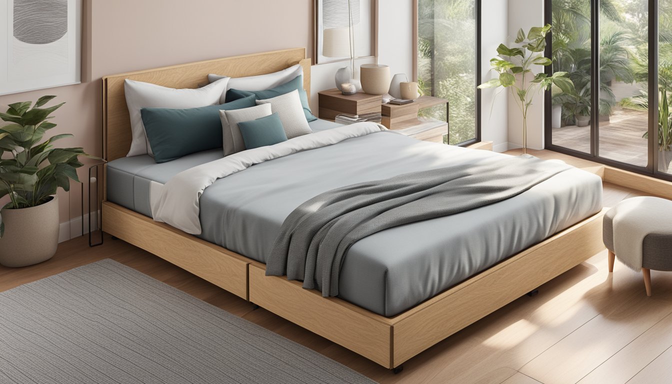 A slatted bed base and a box spring are placed side by side in a bedroom, with a bed frame positioned above each. The slatted bed base has evenly spaced wooden slats, while the box spring is a solid, upholstered foundation