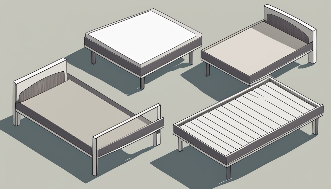 A slatted bed base and box spring are placed side by side, with a question mark hovering over them. The slatted bed base appears modern and sleek, while the box spring looks traditional and sturdy