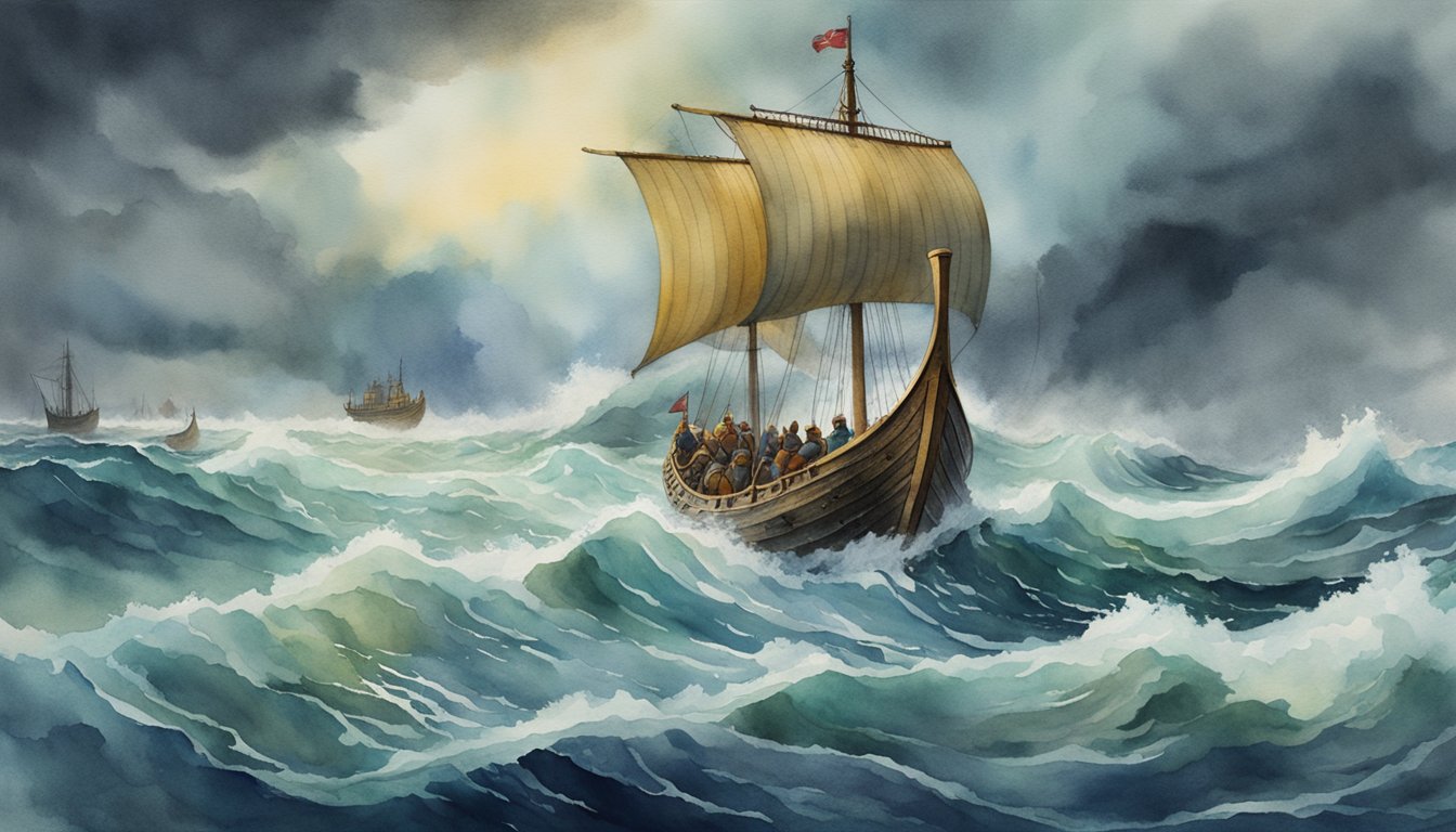 A viking ship sails through stormy seas, with crew members managing their equipment and treatment supplies for vikings disease