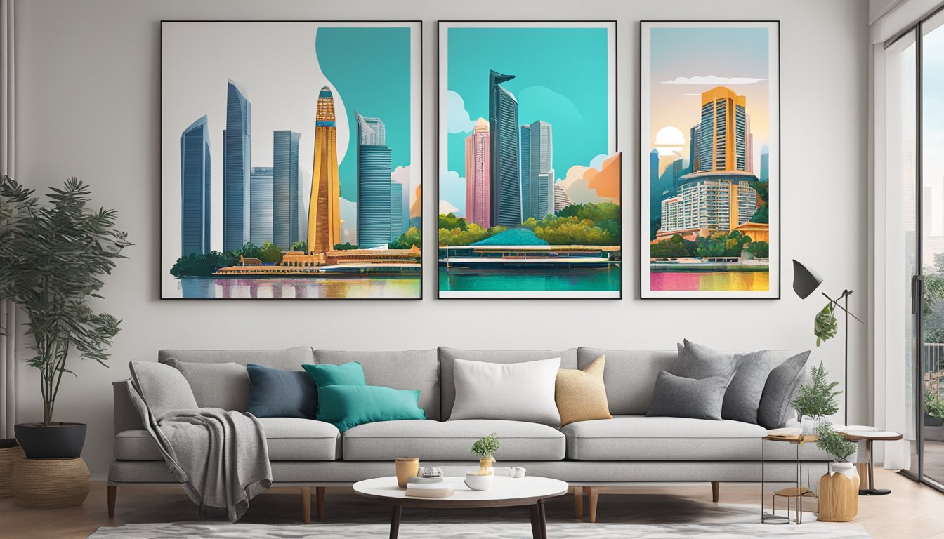 Vibrant wall art prints of iconic Singapore landmarks adorn a modern living room, adding a pop of color and culture to the space