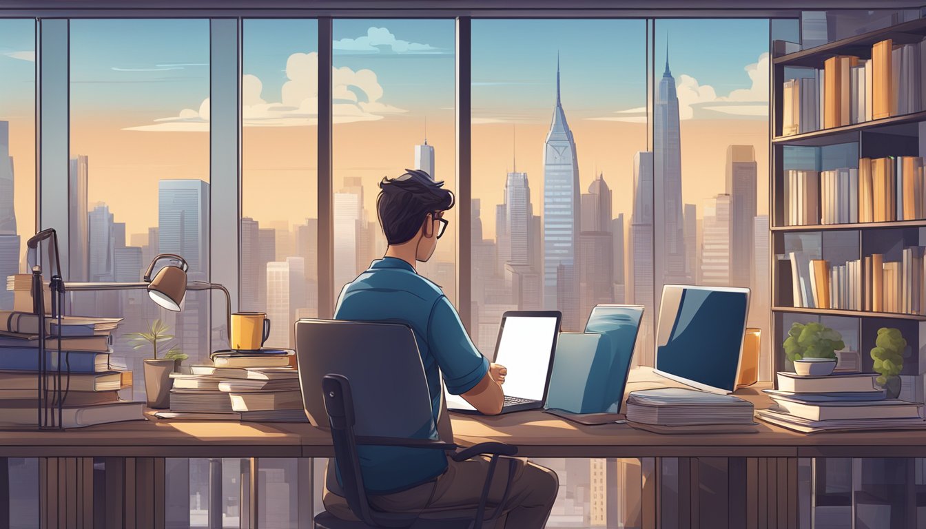 A person studying at a desk with a laptop and books, surrounded by a city skyline and educational resources