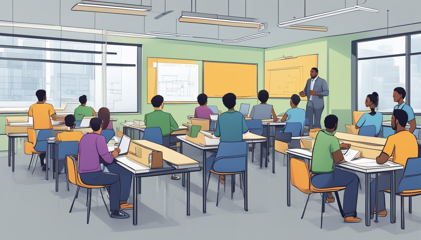 A group of workers in a classroom setting, learning new skills through interactive workshops and training sessions. Technology and educational materials are visible, emphasizing the focus on skill development