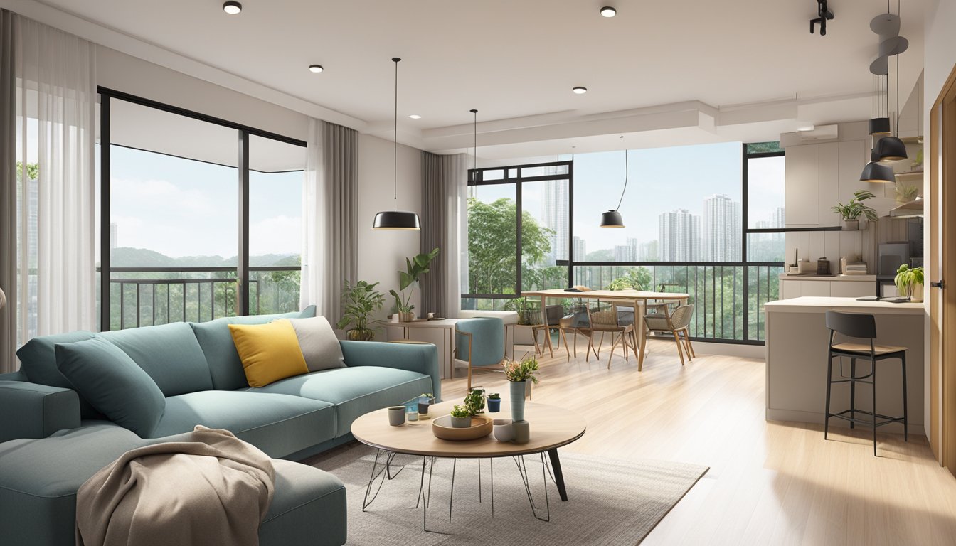 An open concept HDB flat with modern furnishings and natural light streaming in through large windows