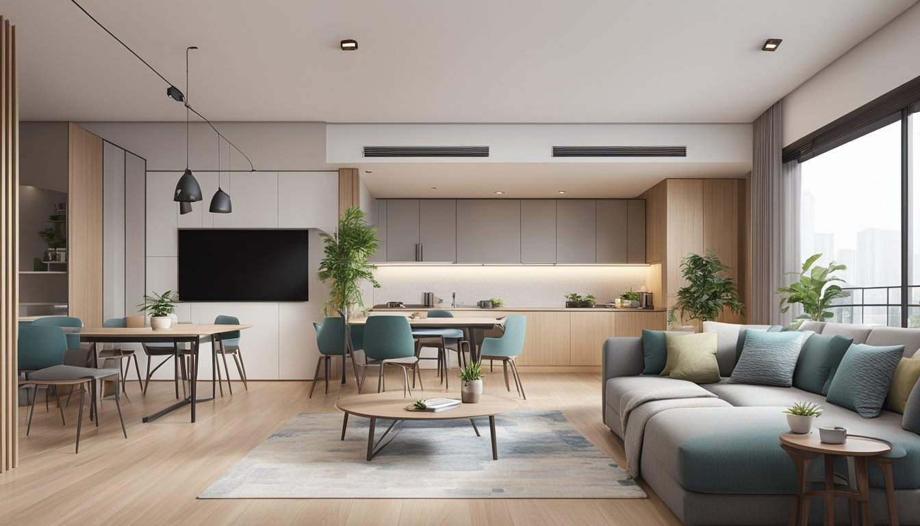 A spacious HDB flat with connected living, dining, and kitchen areas. Large windows let in natural light, and modern furniture creates a sleek, inviting atmosphere