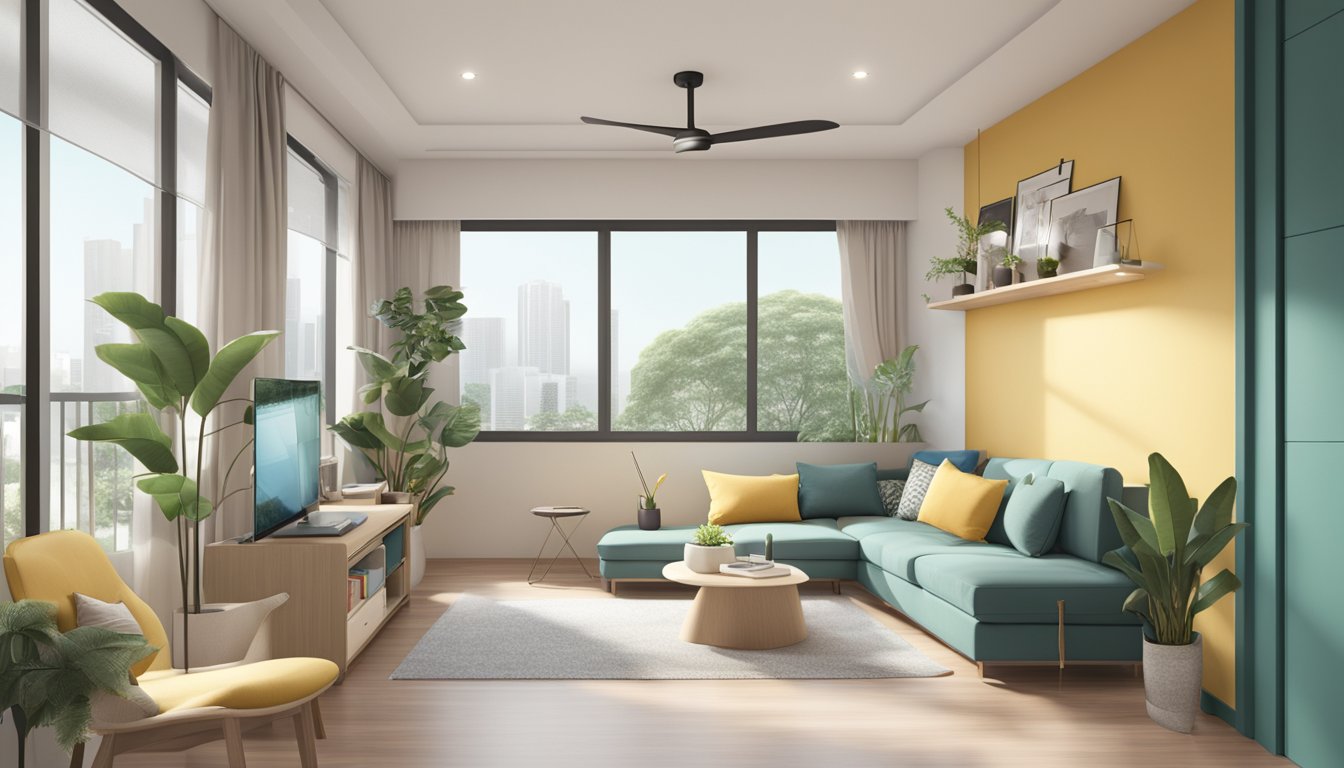 An open HDB flat with FAQ signs, modern furniture, and natural light