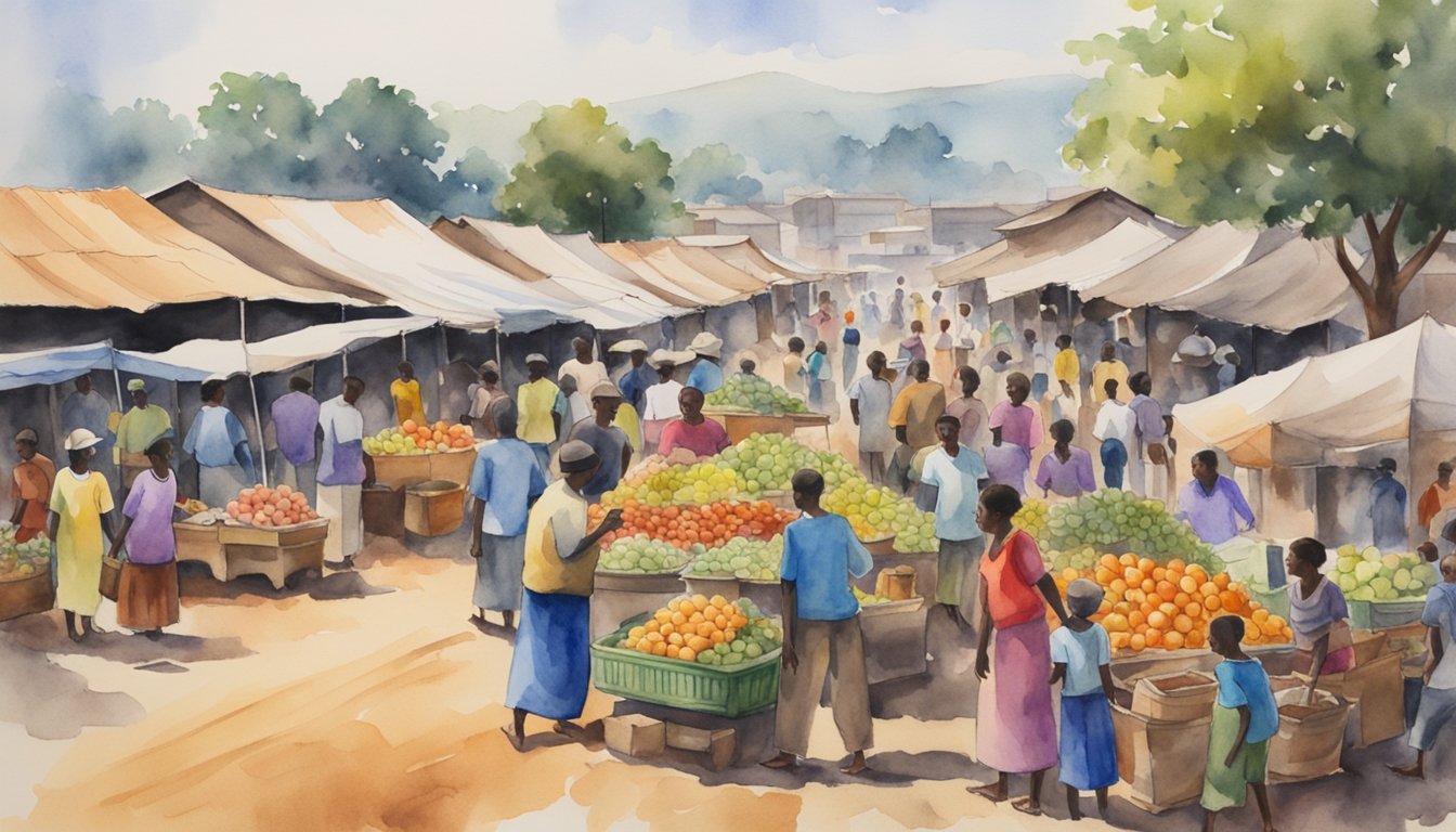 A bustling market in Malawi, with vendors selling colorful produce and handmade crafts.</p><p>Government buildings stand in the background, symbolizing the country's economy