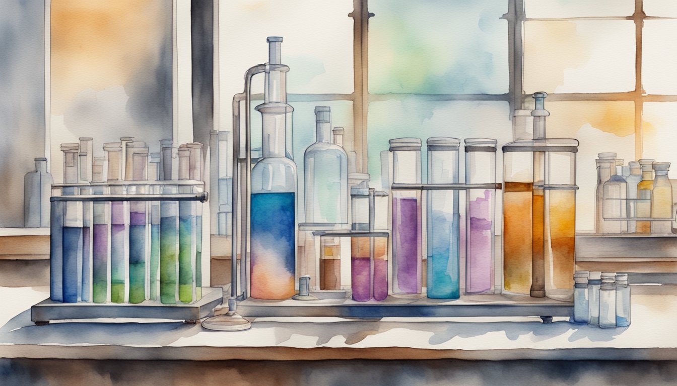 A laboratory setting with vials of adrenochrome and aging-related charts and diagrams