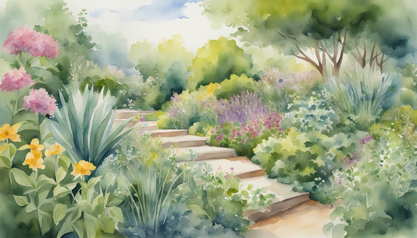 A serene garden with various herbs and plants, specifically those known for their potential benefits in supporting lung cancer patients' quality of life and overall well-being