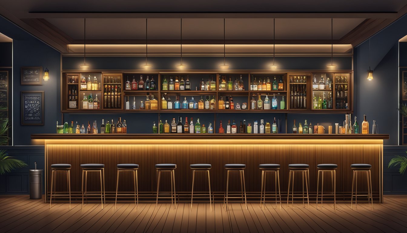 A sleek, modern bar counter with wood and metal accents, illuminated by warm overhead lighting